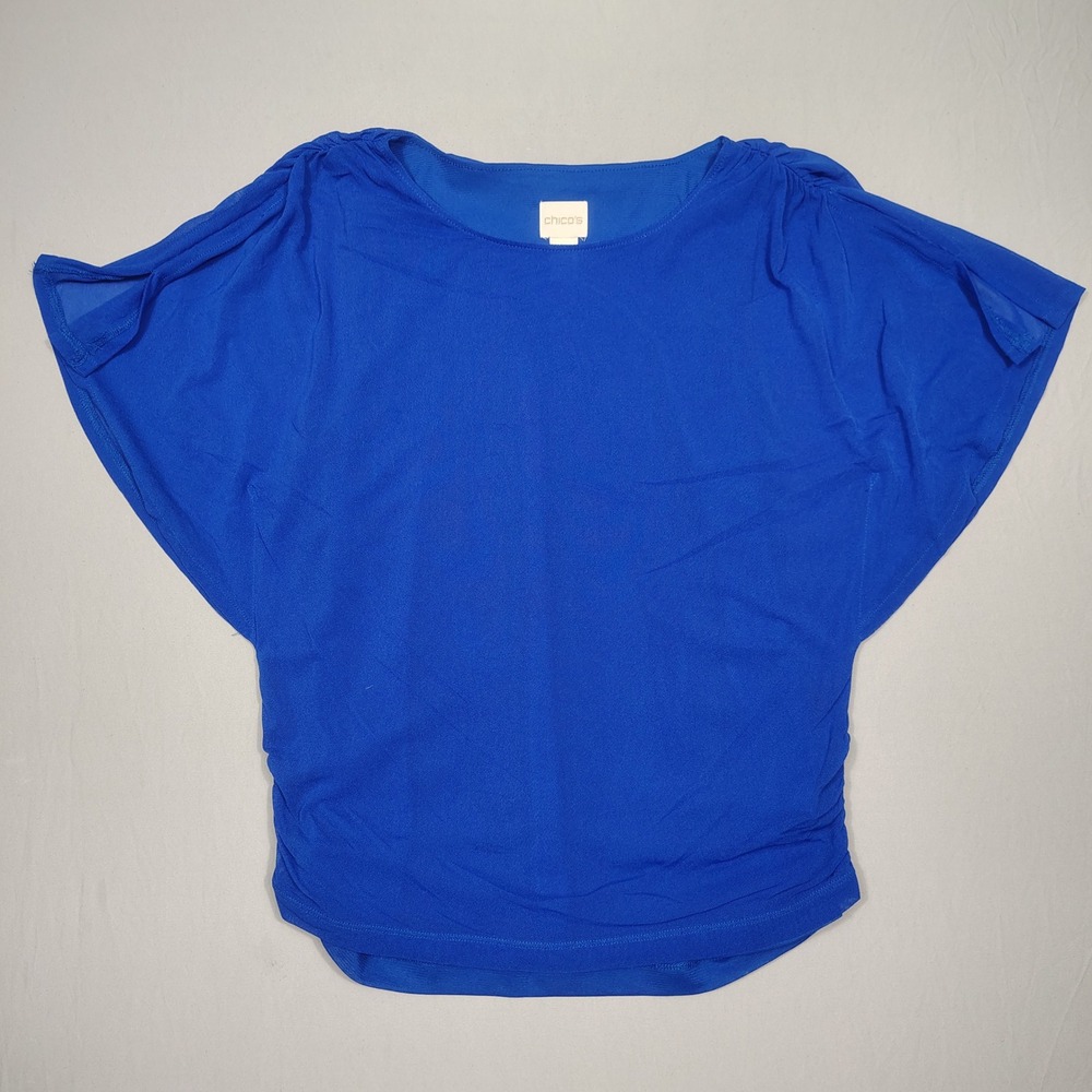 Chico's Top Women 1 Dolman Sleeve Ruched Boat Neck Solid Blue Mesh Blouse